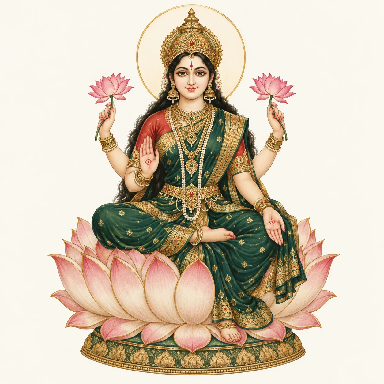 Contemporary Indian miniature-inspired illustration of Shri Mahalakshmi seated on a lotus, holding lotus flowers, dressed in green and gold.